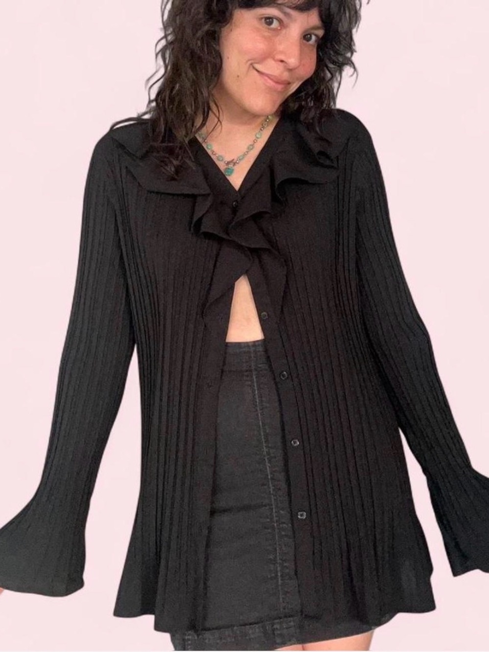 Black Ruffle-Collar Button-Front Blouse